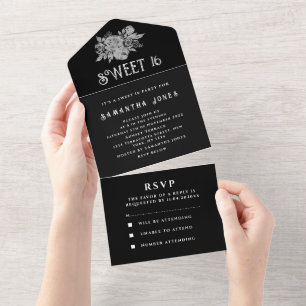 Invitation Tout En Un Black and White Sweet 16 Floral Seize