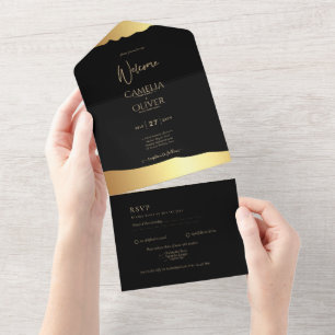 Invitation Tout En Un Black Cravate Mariage Gold Foil Script Élégant évé