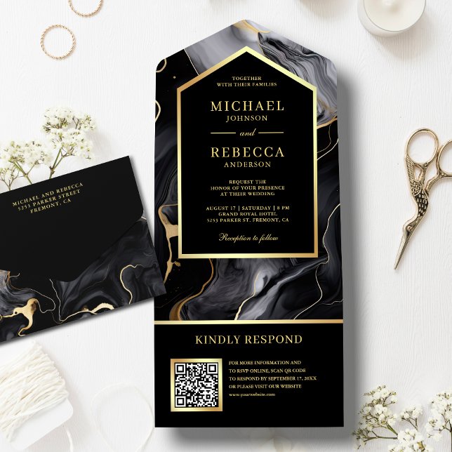 Invitation Tout En Un Black Gold Abstrait Fluid Ink QR Code Mariage (Créateur téléchargé)
