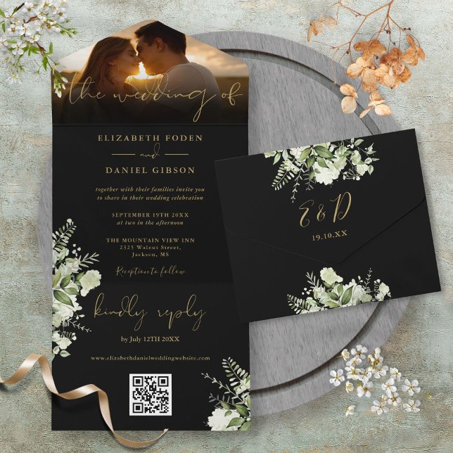 Invitation Tout En Un Black Gold Floral Greenery QR Code Mariage Photo (Black Gold Floral Greenery QR Code Wedding Photo All In One Invitation)