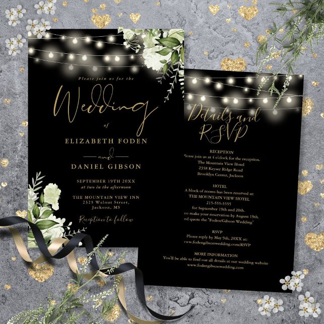 Invitation Tout en un Black Gold String éclaire le Mariage fl (All In One Black Gold String Lights Floral Wedding Invitation)