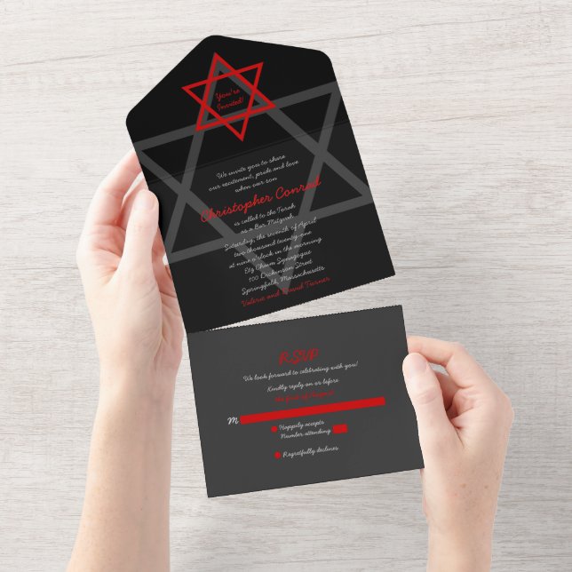 Invitation Tout En Un Black Red Star de David Bar Mitzvah RSVP (Déchirure)