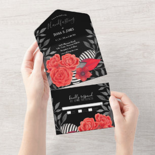 Invitation Tout En Un Black Rouge Gothique Floral Poignée Tout En Un