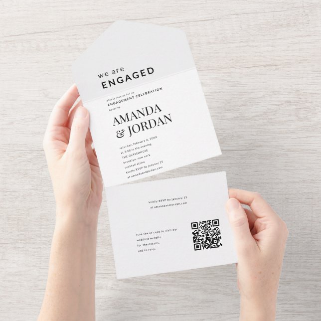 Invitation Tout En Un  Black & White Luxe Minimalist Engagement  (Déchirure)