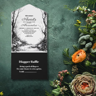 Invitation Tout En Un Black White Rustic Woodland Baby shower d'aventure