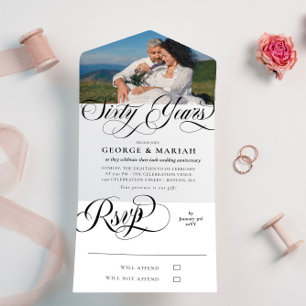 Invitation Tout En Un Black White Swirls Photo 60e anniversaire de Maria