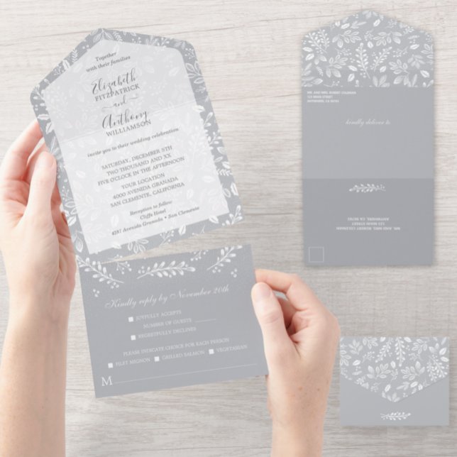 Invitation Tout En Un Blanc Botaniques Gris Aucune enveloppe Mariage (Créateur téléchargé)
