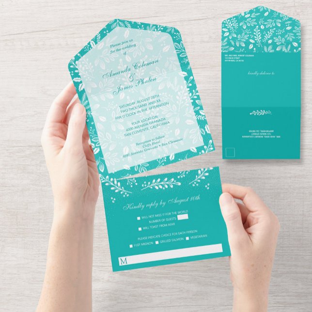 Invitation Tout En Un Blanc Botaniques Turquoise Aucun Mariage Enveloppe (Créateur téléchargé)