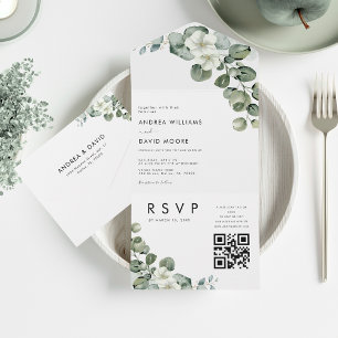 Invitation Tout En Un Blanc minimaliste moderne Eucalyptus QR Code Maria