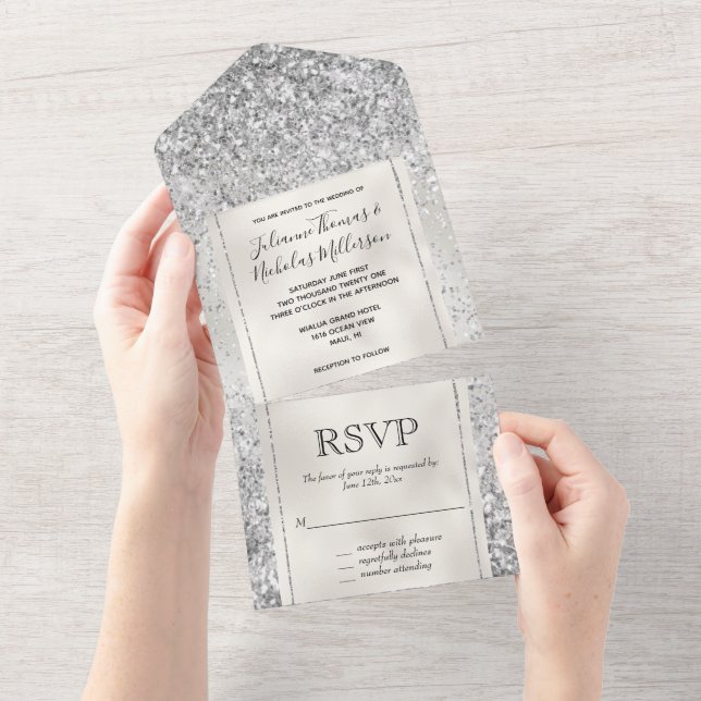 Invitation Tout En Un Blanc Perle Luxe Paillettes Argentées     (Déchirure)