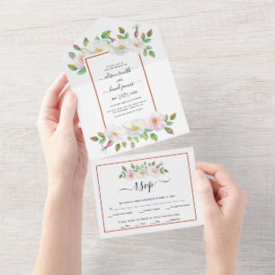 Invitation Tout En Un Blanc, rose rose cadre de rouille florale mariage
