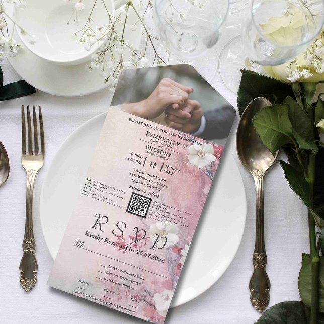 Invitation Tout En Un Blanc rose Sakura Cherry Blossom QR Code Photo (Créateur téléchargé)