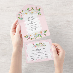 Invitation Tout En Un Blanc, rose vif rose mariage rose floral