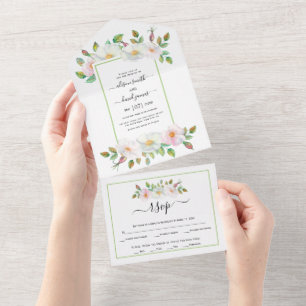 Invitation Tout En Un Blanc rose vif sauvage rose vert fleuri mariage