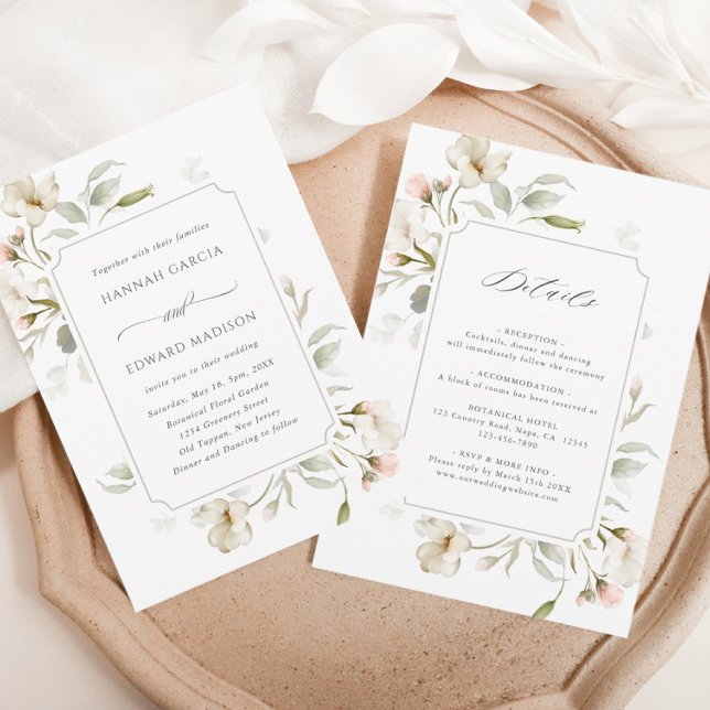 Invitation Tout en un blanc Sage Blush Élégant Mariage Floral (Créateur téléchargé)