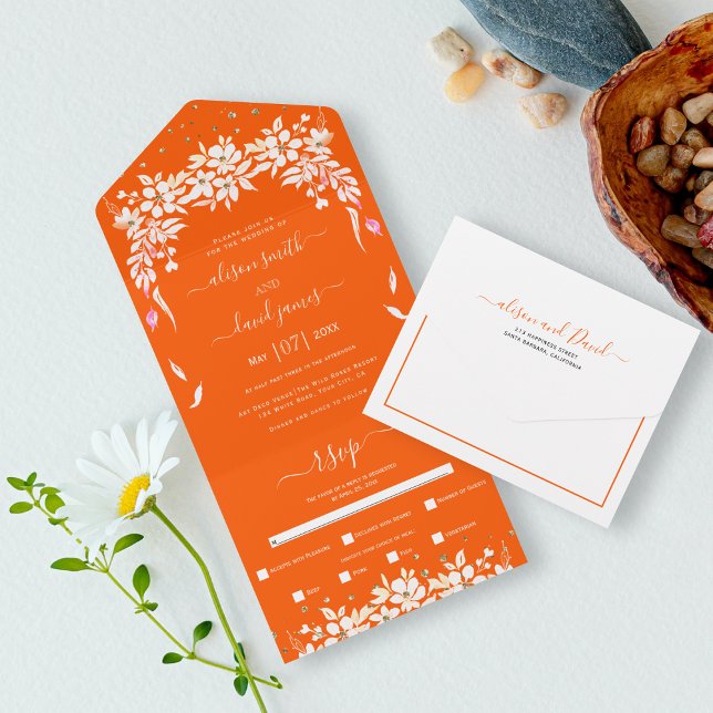 Invitation Tout En Un Blancs en cascade mariage orange de la guirlande (Créateur téléchargé)