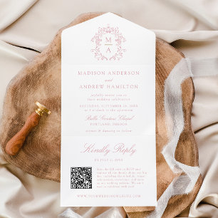 Invitation Tout En Un Blason Élégant de Rose Chinoiserie Monogramme de M