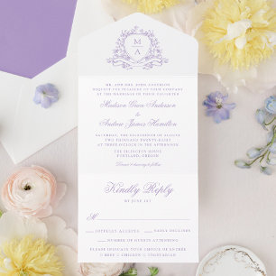 Invitation Tout En Un Blason Floral Lavande Élégant Monogramme de Mariag