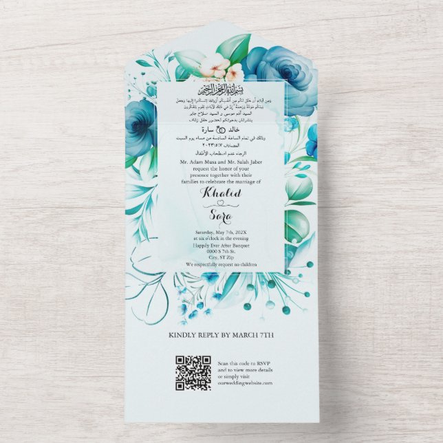 Invitation Tout En Un Bleu arabe & anglais Tout en un mariage Inviter (À l'intérieur)