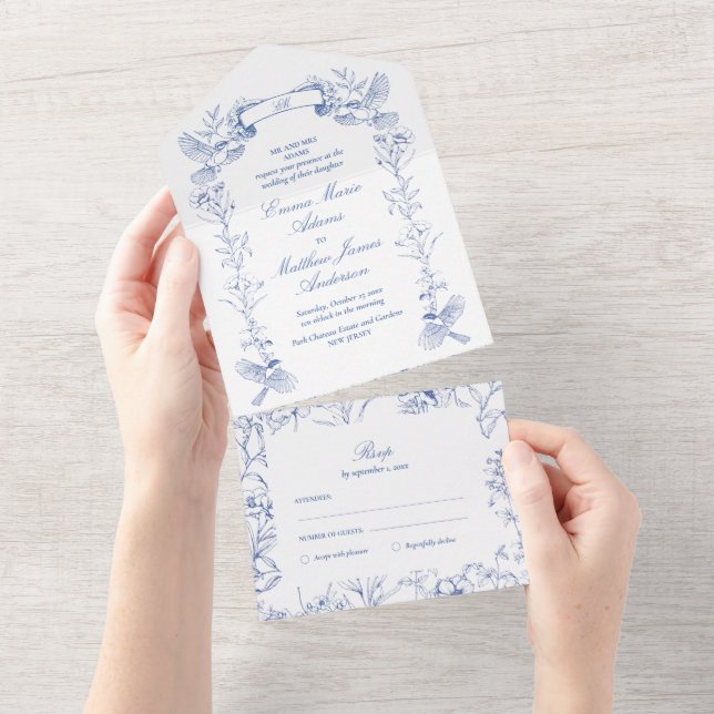 Invitation Tout En Un Bleu Bleu Bleu Victorien Mariage (Déchirure)