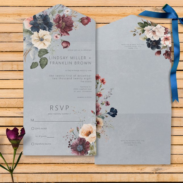 Invitation Tout En Un Bleu Bourgogne & Crème Rustique Floral Bleu Pas de (Blue Burgundy & Cream Rustic Floral Blue All In One Wedding Invitation without Dinner Options)