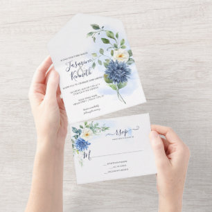 Invitation Tout En Un Bleu clair, Marine, Aquarelle blanche d'hiver Flor