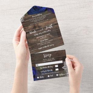 Invitation Tout En Un Bleu de marine Fleurs Roses Bois rustique Dentelle