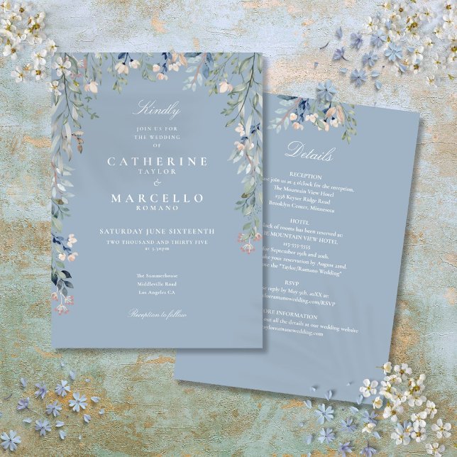 Invitation Tout en un bleu Dusty Fleur sauvage Mariage Floral (All In One Dusty Blue Wildflowers Floral Wedding Invitation)