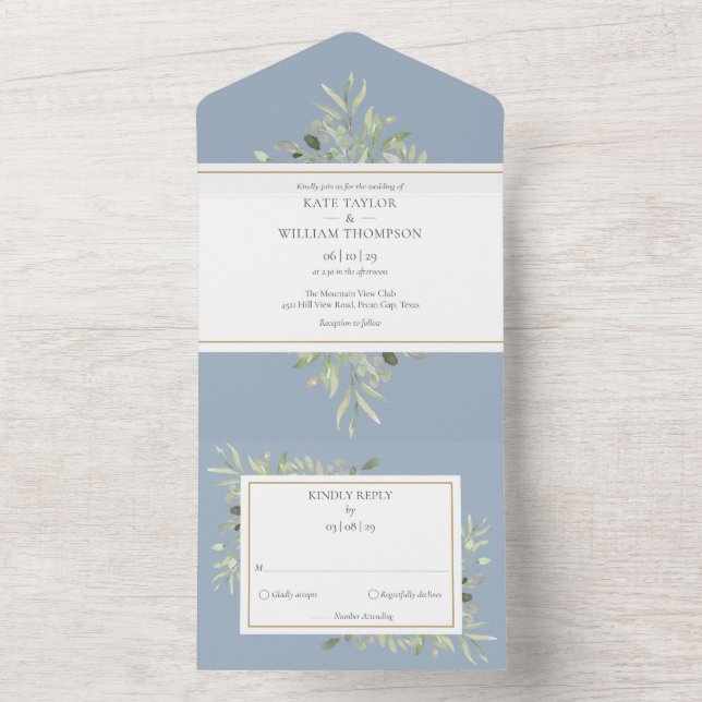Invitation Tout En Un Bleu Dusty Mariage de verdure botanique (À l'intérieur)