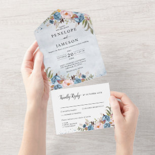 Invitation Tout En Un Bleu Dusty Peach Blush Botanical Floral Mariage