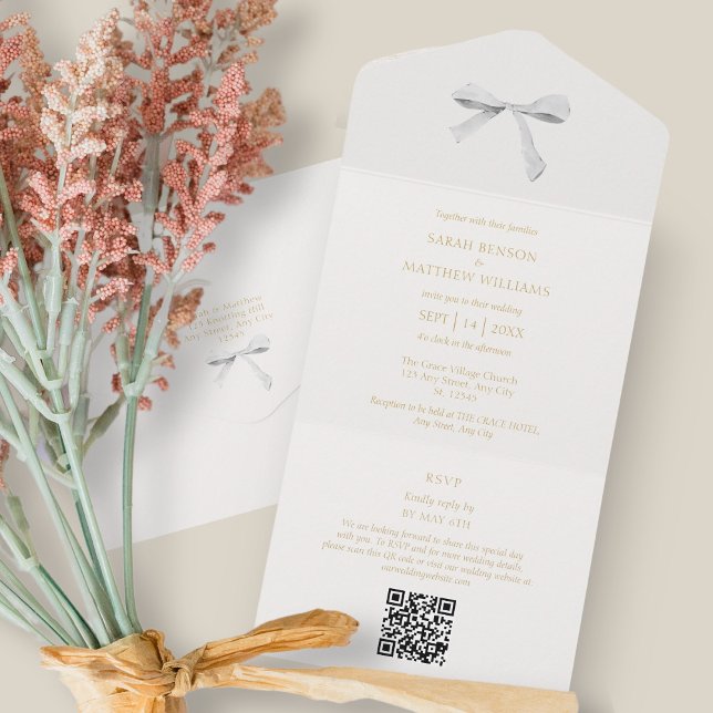 Invitation Tout En Un Bleu et blanc | Mariage de ruban blanc OU (Créateur téléchargé)