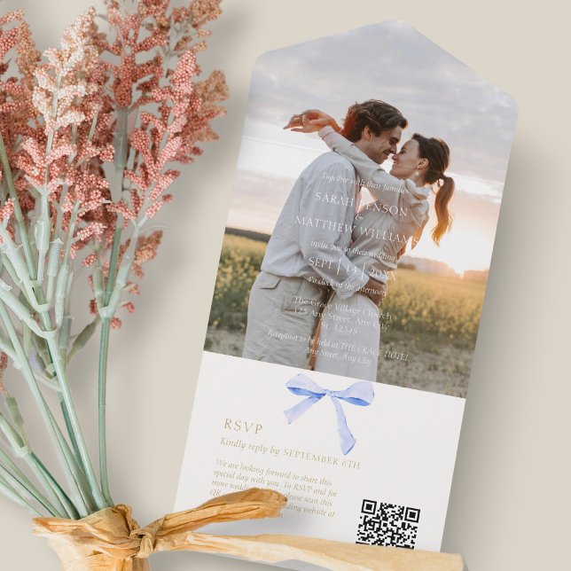 Invitation Tout En Un Bleu et blanc | Mariage de ruban tendance OR (Créateur téléchargé)