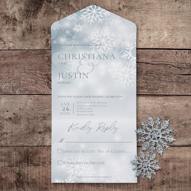 Invitation Tout En Un Bleu et blanc Neige d'hiver Moderne Sans dîner (Blue & White Winter Snow Modern All In One Wedding Invitation without Dinner Options)