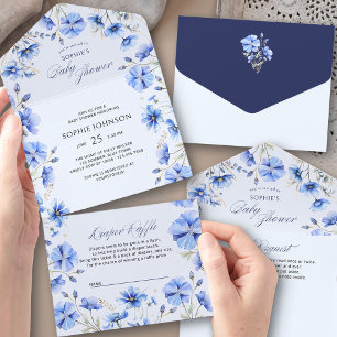 Invitation Tout En Un Bleu Fleur Livre Demande Diaper Baby shower Raffin