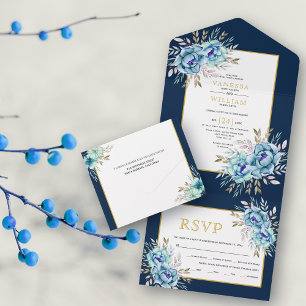 Invitation Tout En Un Bleu, fleurs d'aquarelle menthe marine mariage