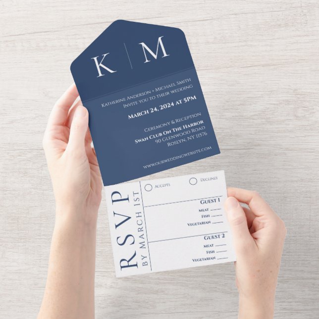 Invitation Tout En Un Bleu foncé et blanc-moderne-Monogramme-Mariage- (Déchirure)