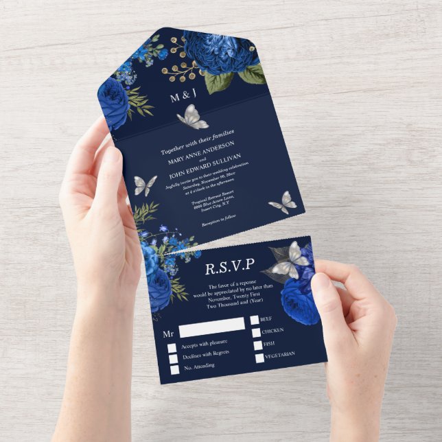 Invitation Tout En Un Bleu gris argent rose élégant papillon glam   (Déchirure)