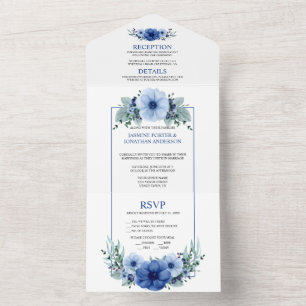 Invitation Tout En Un Bleu marine, Anémone Fleurie bleu clair  