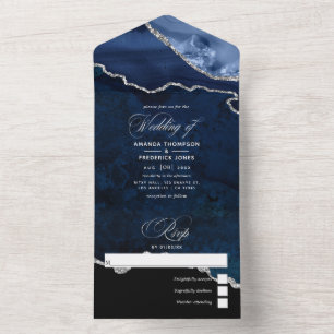 Invitation Tout En Un Bleu marine et agate argentée Mariage Tout en Un I