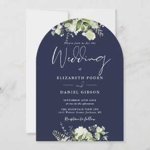 Invitation Tout en Un Bleu Marine Floral Vert Mariage