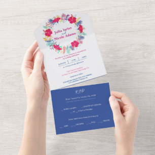 Invitation Tout En Un Bleu marine Rose sauvage Forêt tropicale Vert éter