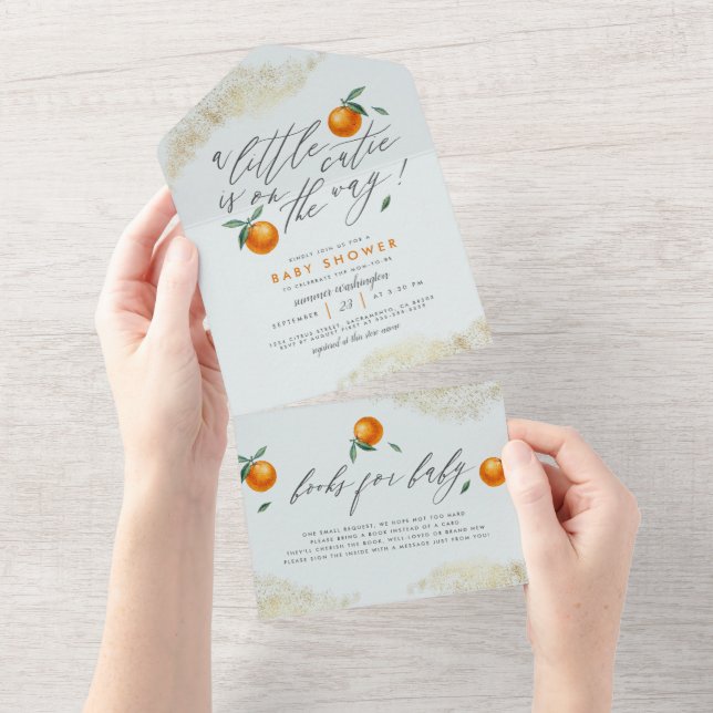 Invitation Tout En Un Bleu Moderne Un Baby shower Orange Petit Cutie (Déchirure)