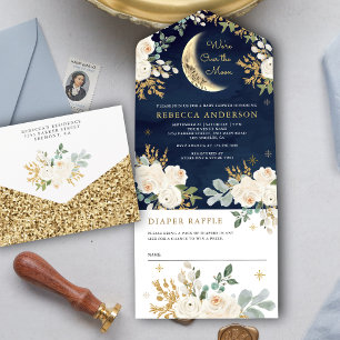 Invitation Tout En Un Bleu Nuit Ivoire Or Floral Boho Shower de Bébé Lun