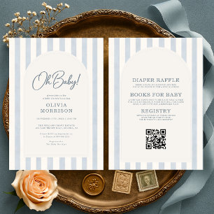 Invitation Tout en Un Bleu Oh Baby Rayures Baby Shower