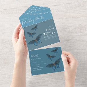 Invitation Tout En Un Bleu Papillon Anniversaire Tout en un