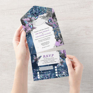 Invitation Tout En Un Bleu papillon argent brille violet glamour rose