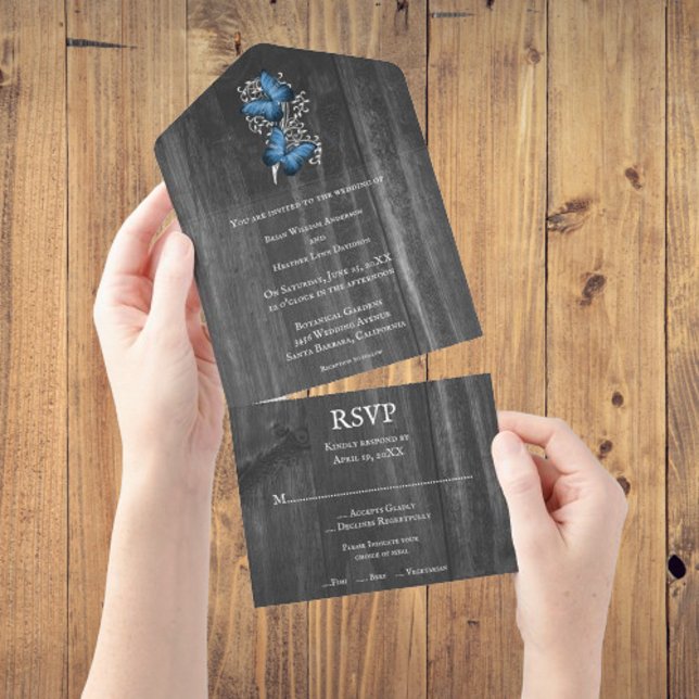 Invitation Tout En Un Bleu papillon rustique tout en un mariage Inviter (Blue Rustic Butterfly All In One Wedding Invite)