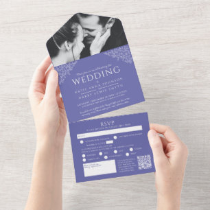 Invitation Tout En Un Bleu peri blanc feuille photo repas RSVP QR mariag