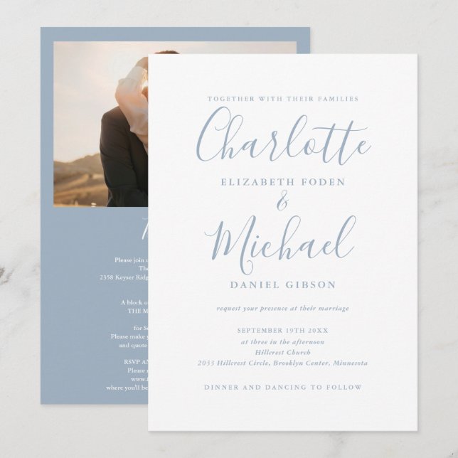 Invitation Tout En Un Bleu Poussiéreux Chic Script Photo Mari (Devant / Derrière)