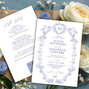 Invitation Tout en un bleu poussiéreux floral mariage françai